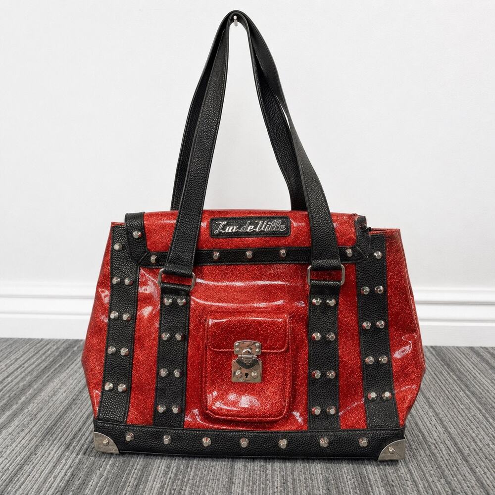 Lux De Ville Red Glitter Studded Tote Bag Rockabilly Pinup Retro Handbag